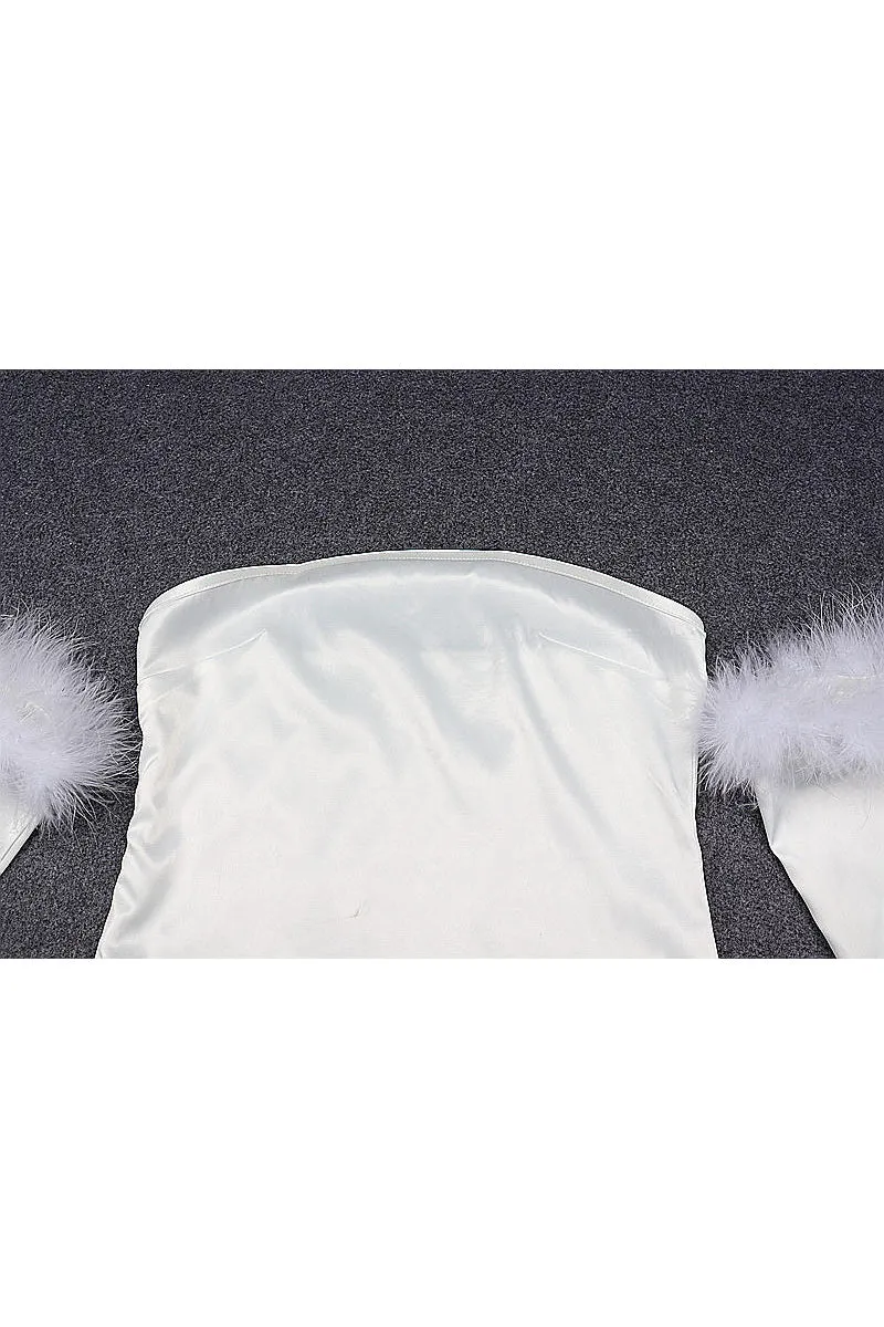HBS1157 Luxe Feathered Satin Dress