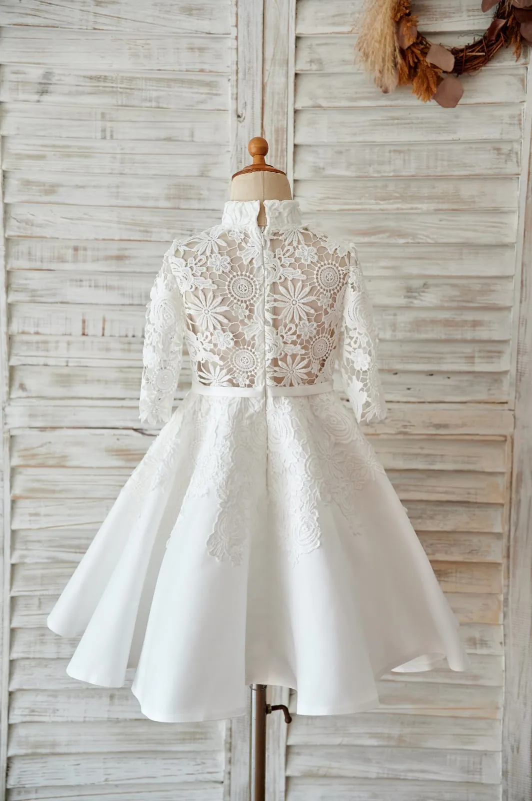 Ivory Lace Satin High Neck Long Sleeves Wedding Flower Girl Dress