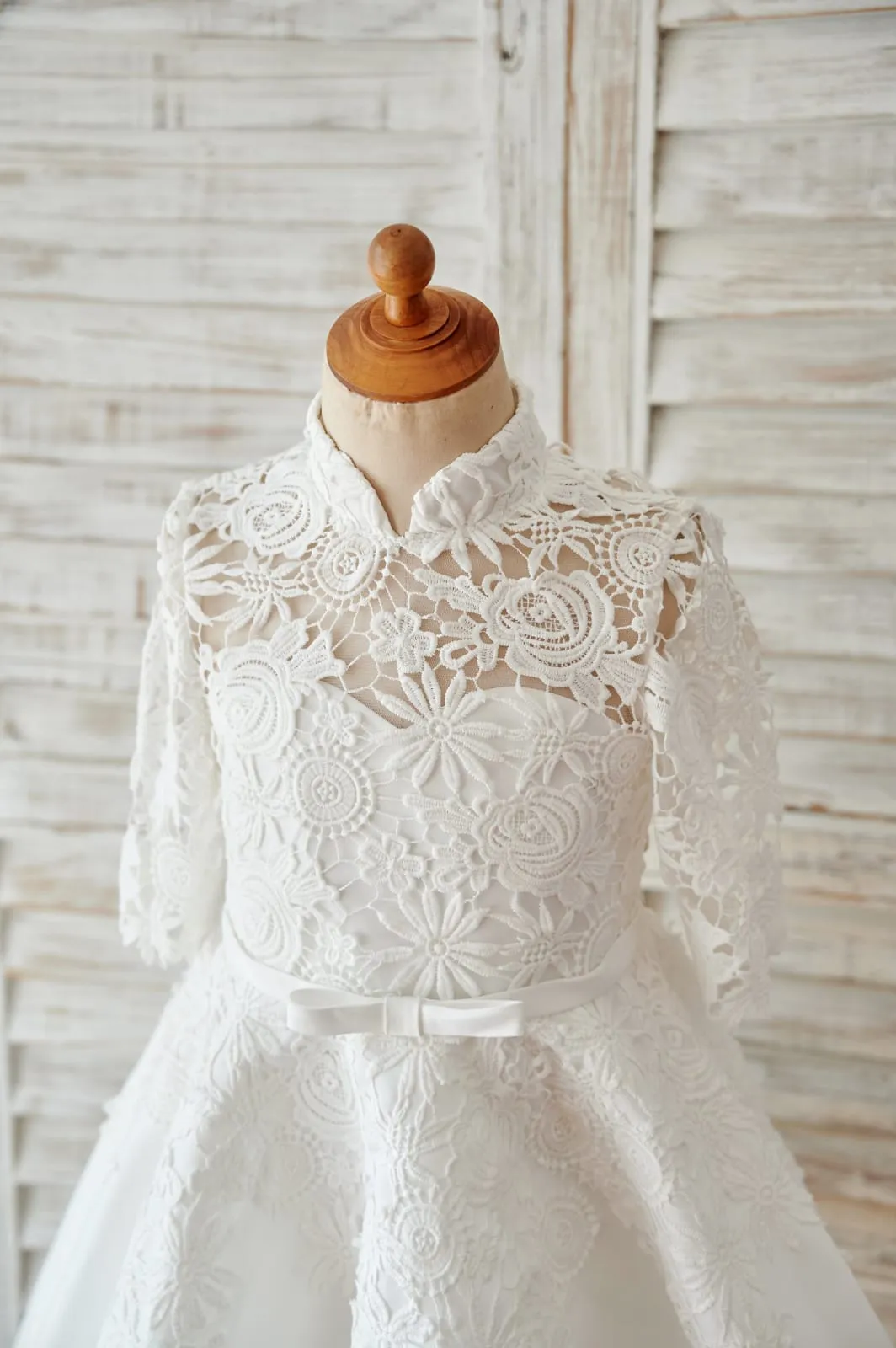 Ivory Lace Satin High Neck Long Sleeves Wedding Flower Girl Dress