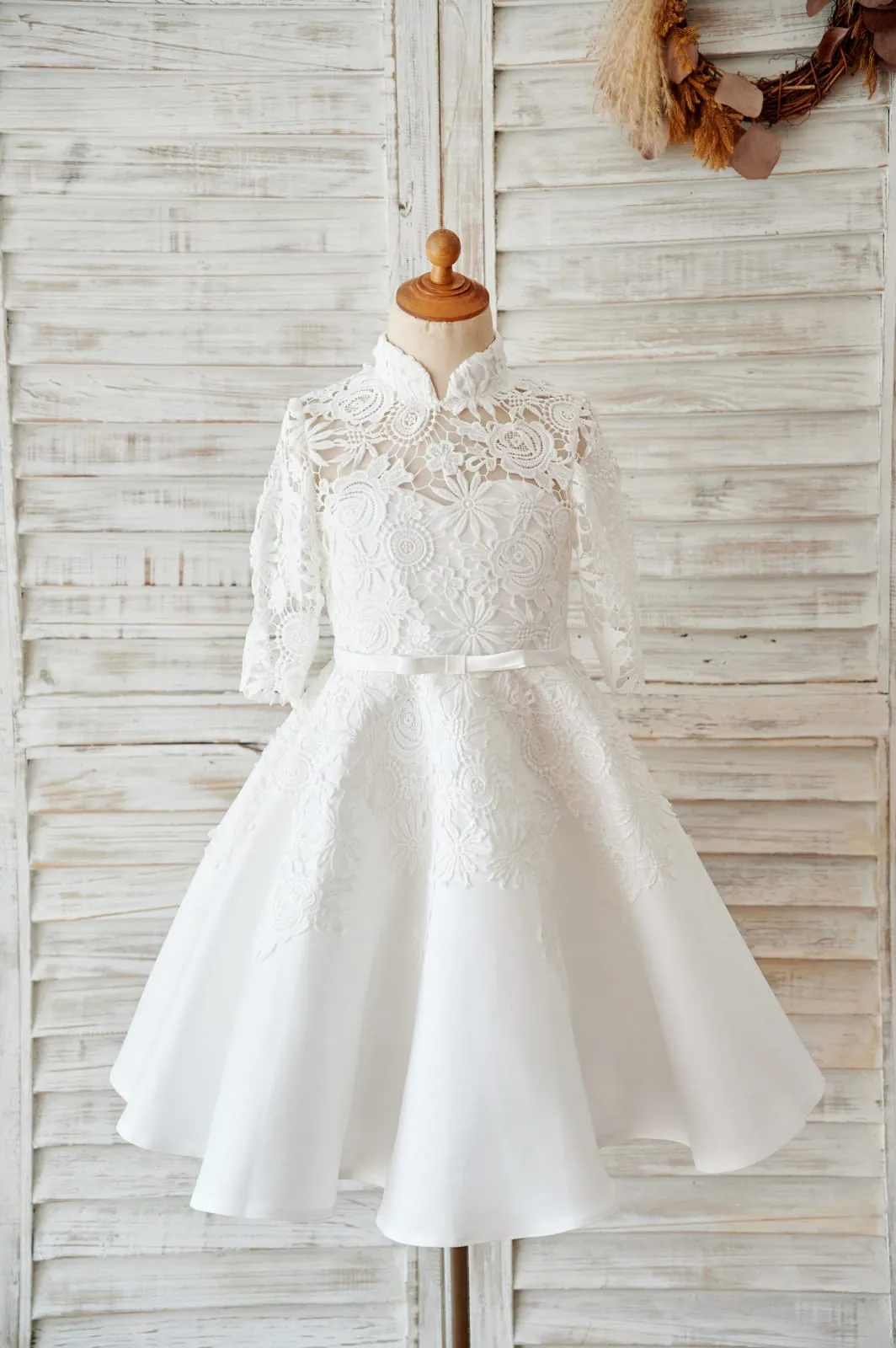 Ivory Lace Satin High Neck Long Sleeves Wedding Flower Girl Dress
