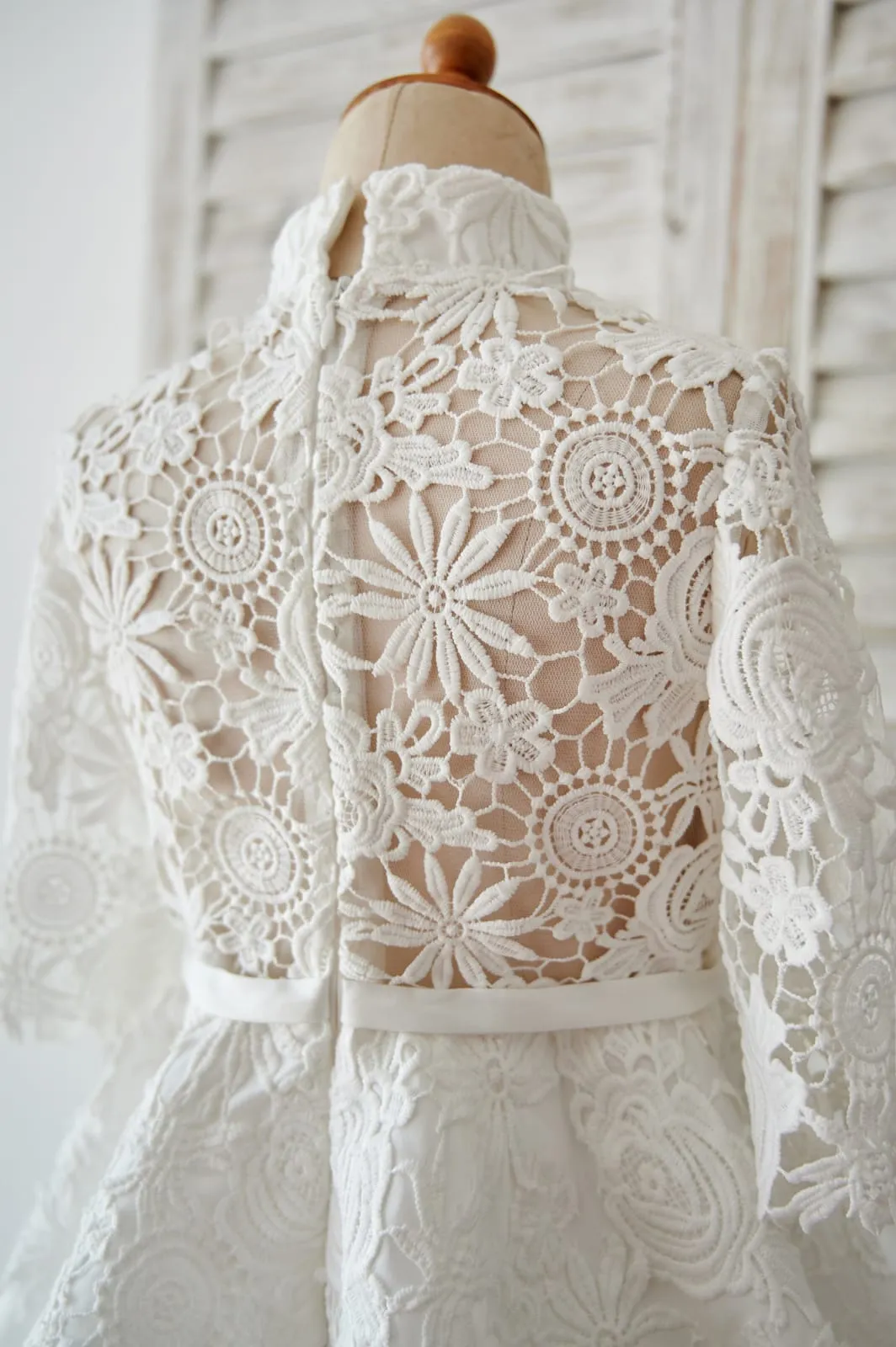 Ivory Lace Satin High Neck Long Sleeves Wedding Flower Girl Dress