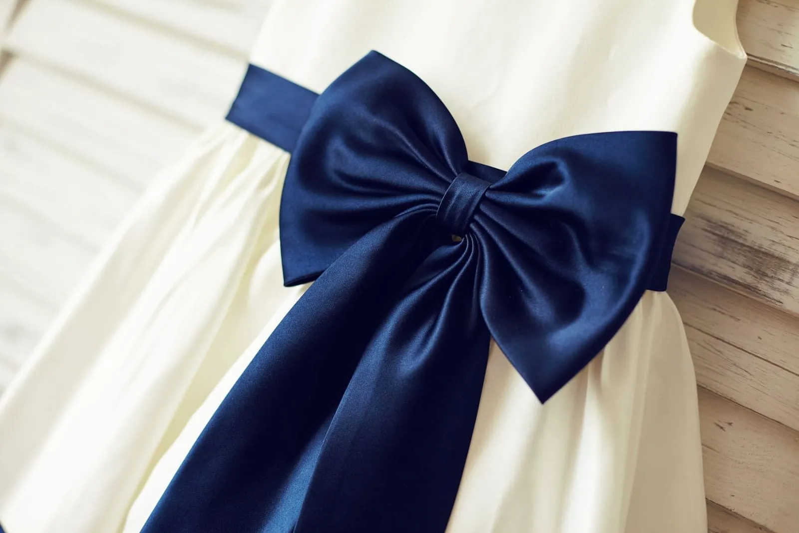 Ivory Satin Flower Girl Dress, Navy Blue Belt / Bow