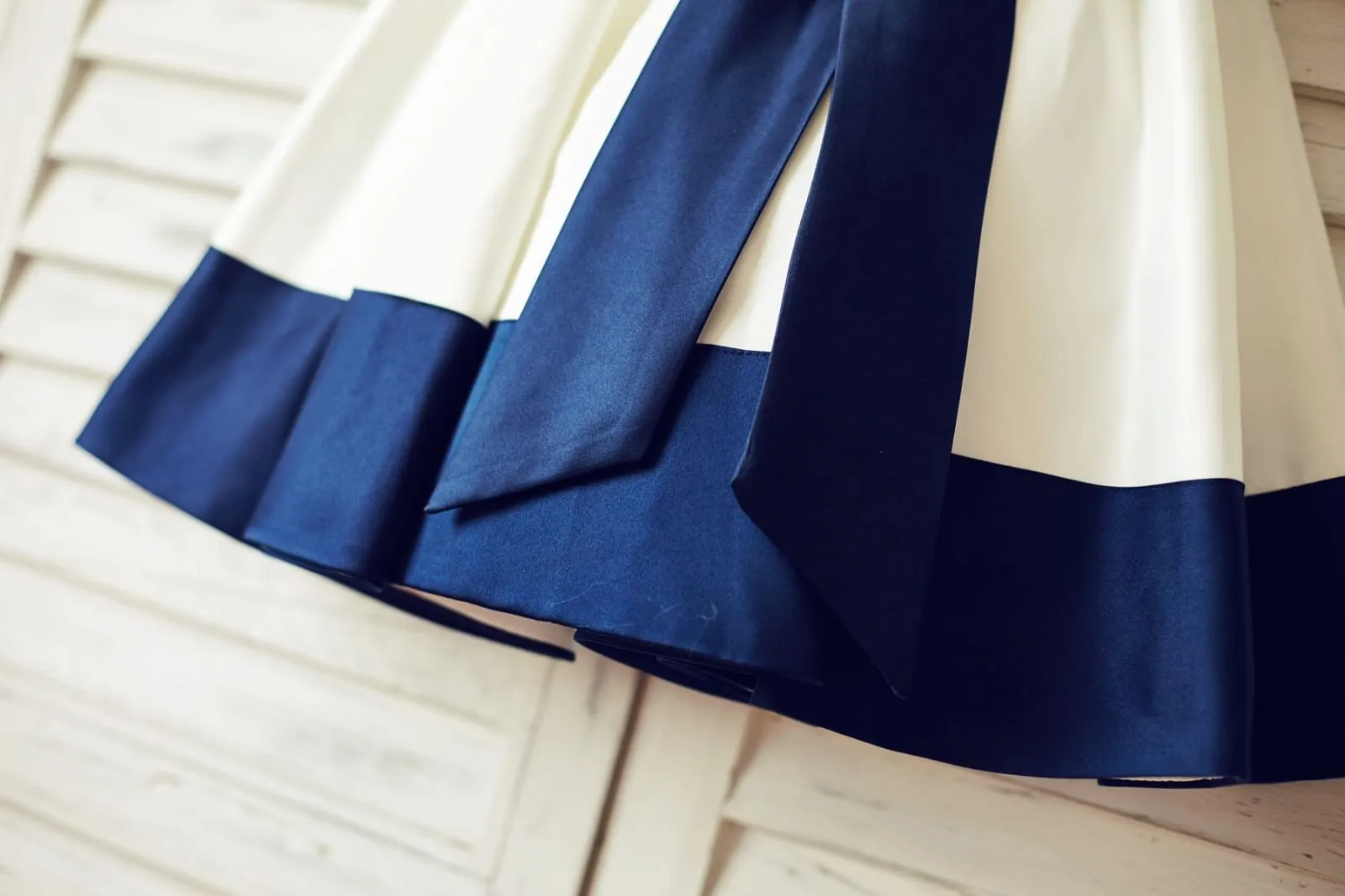 Ivory Satin Flower Girl Dress, Navy Blue Belt / Bow