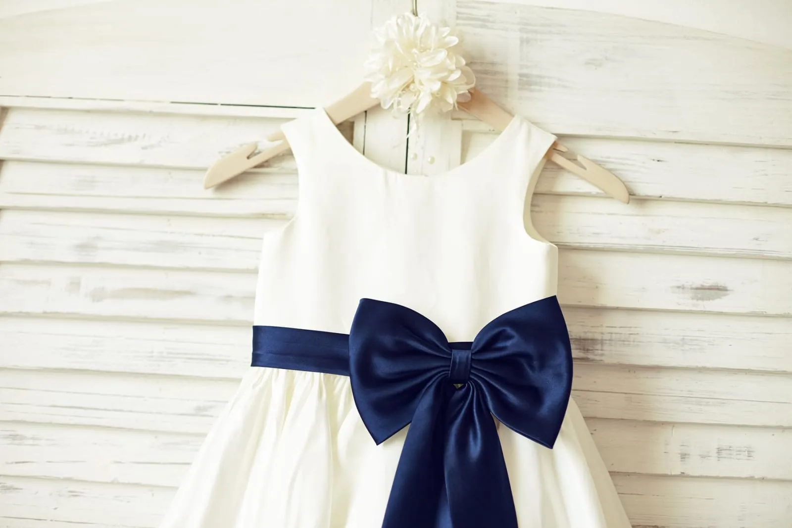 Ivory Satin Flower Girl Dress, Navy Blue Belt / Bow
