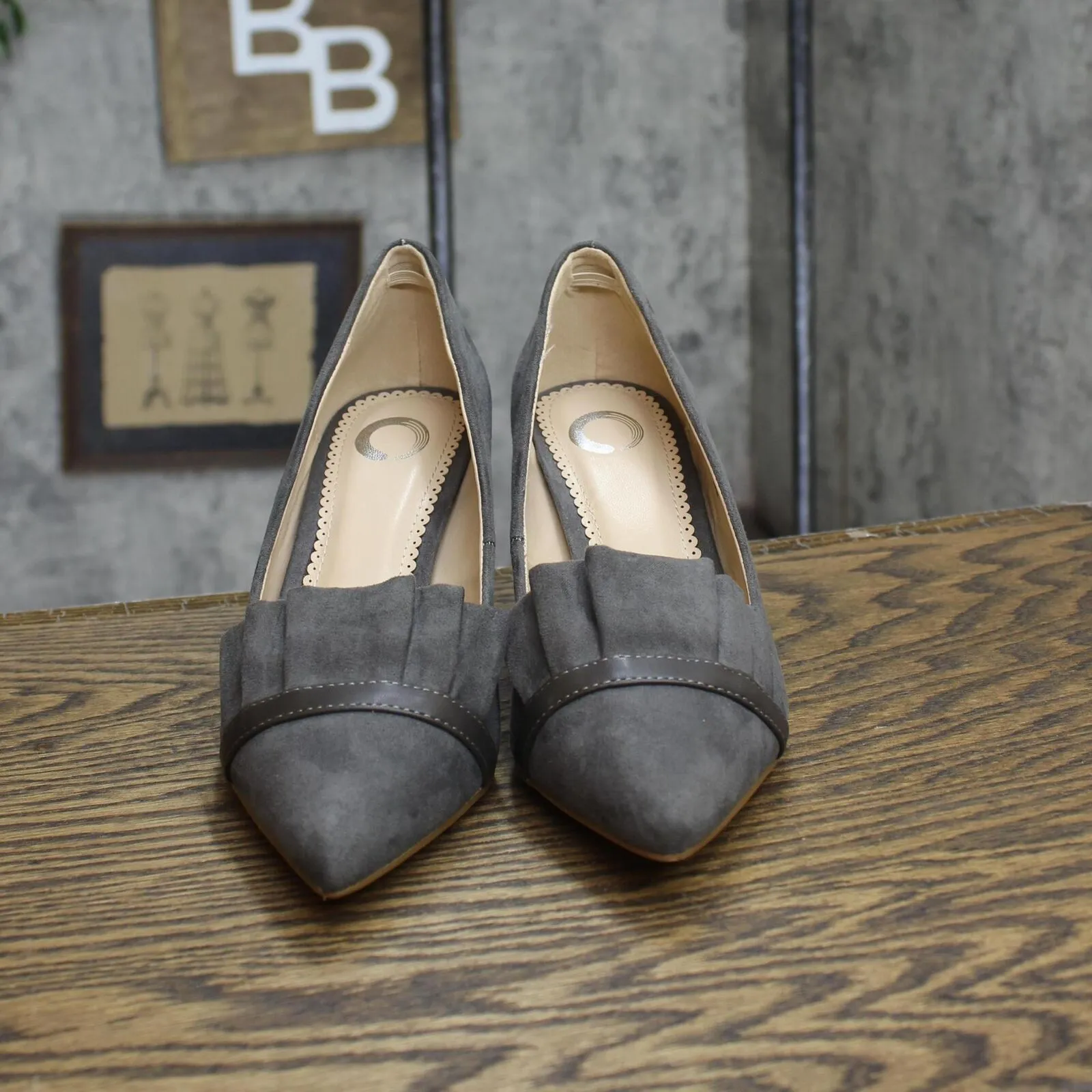 Journee Collection Womens Suede Stiletto Ruffle Heels 167624784b6eb7 Gray 7.5M