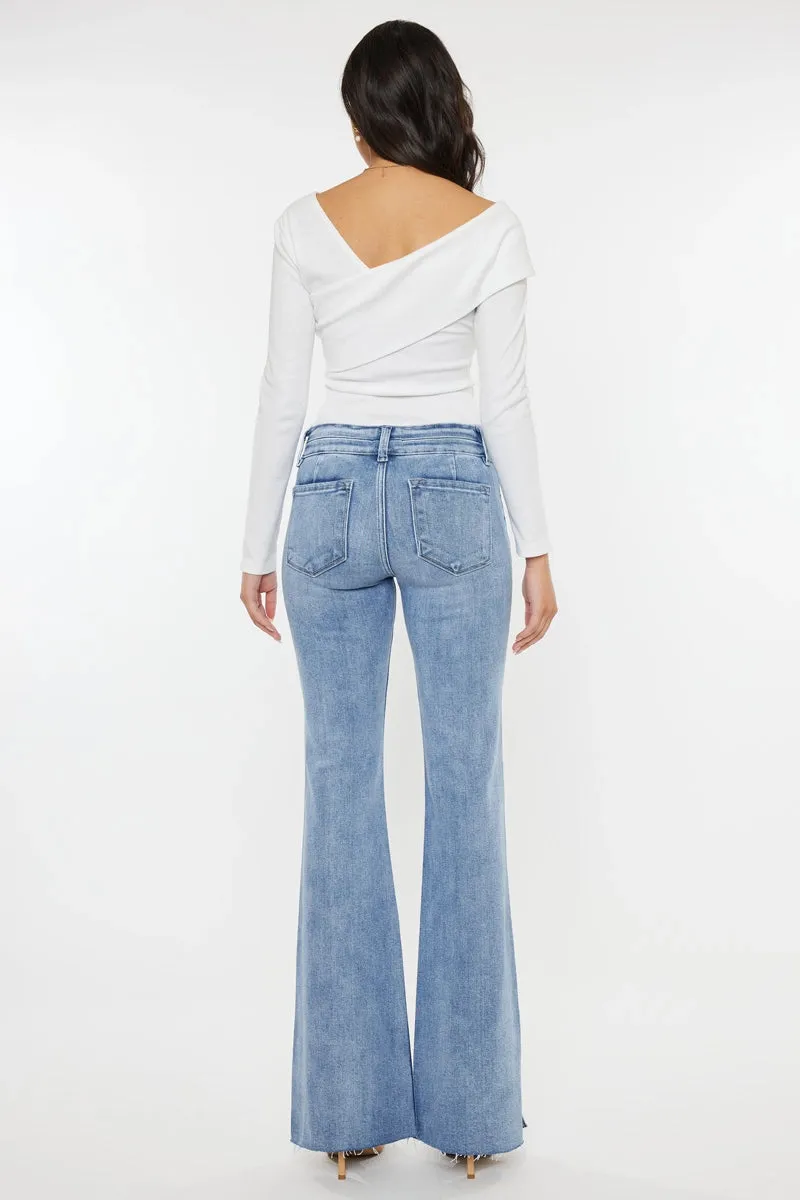 Kancan MidRise Scissor Cut Flare Jeans with Side Slit Light Wash