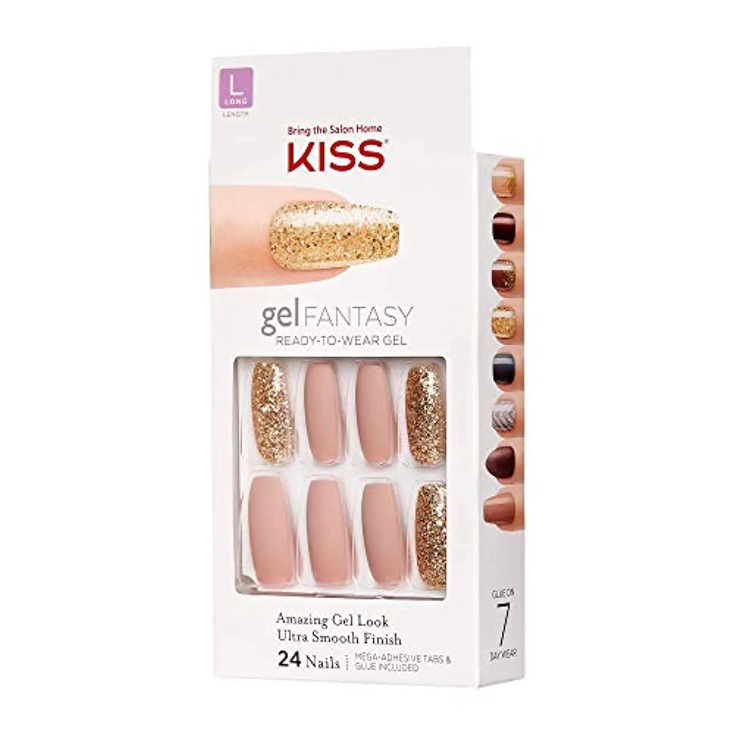 KISS Gel Fantasy Ready-to-Wear Press-On Sculpted Gel Nails, “Background”, Long, Pink and Gold, High Arch Nail Kit with 24 Mega Adhesive Tabs, Pink Gel Glue, Manicure Stick, Mini File, and 28 Fake Nails