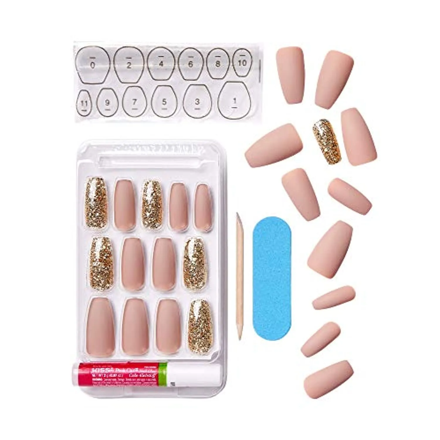 KISS Gel Fantasy Ready-to-Wear Press-On Sculpted Gel Nails, “Background”, Long, Pink and Gold, High Arch Nail Kit with 24 Mega Adhesive Tabs, Pink Gel Glue, Manicure Stick, Mini File, and 28 Fake Nails