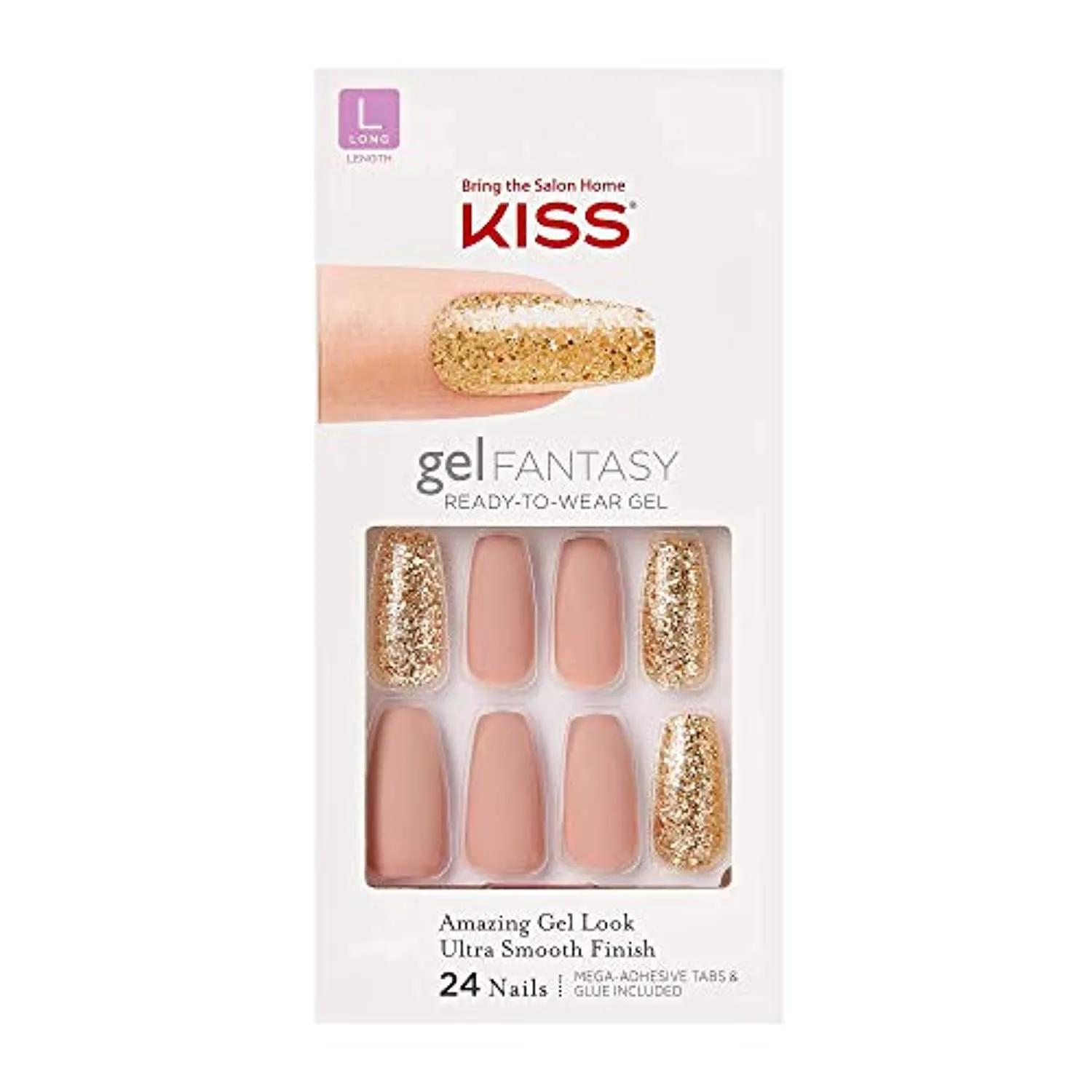 KISS Gel Fantasy Ready-to-Wear Press-On Sculpted Gel Nails, “Background”, Long, Pink and Gold, High Arch Nail Kit with 24 Mega Adhesive Tabs, Pink Gel Glue, Manicure Stick, Mini File, and 28 Fake Nails