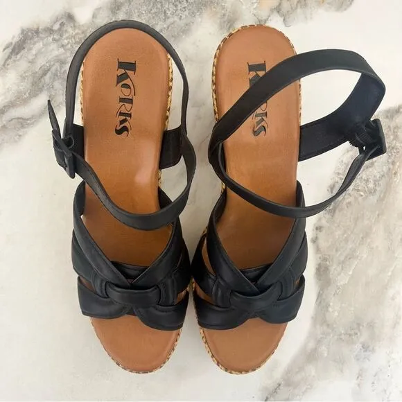 KORKS Dee Wedge Platform Sandal in Black Faux Leather Size 11 NEW