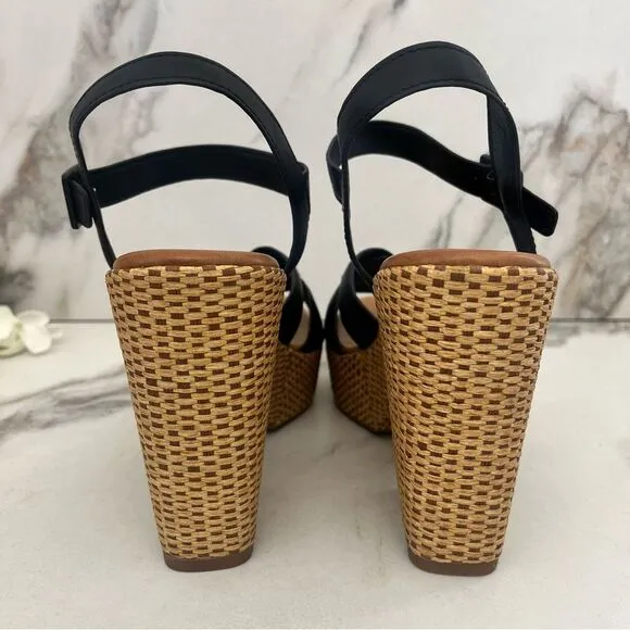 KORKS Dee Wedge Platform Sandal in Black Faux Leather Size 11 NEW