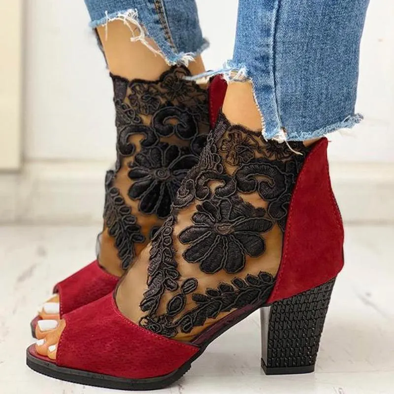 Lace Mesh Insert Chunky Heeled Boots