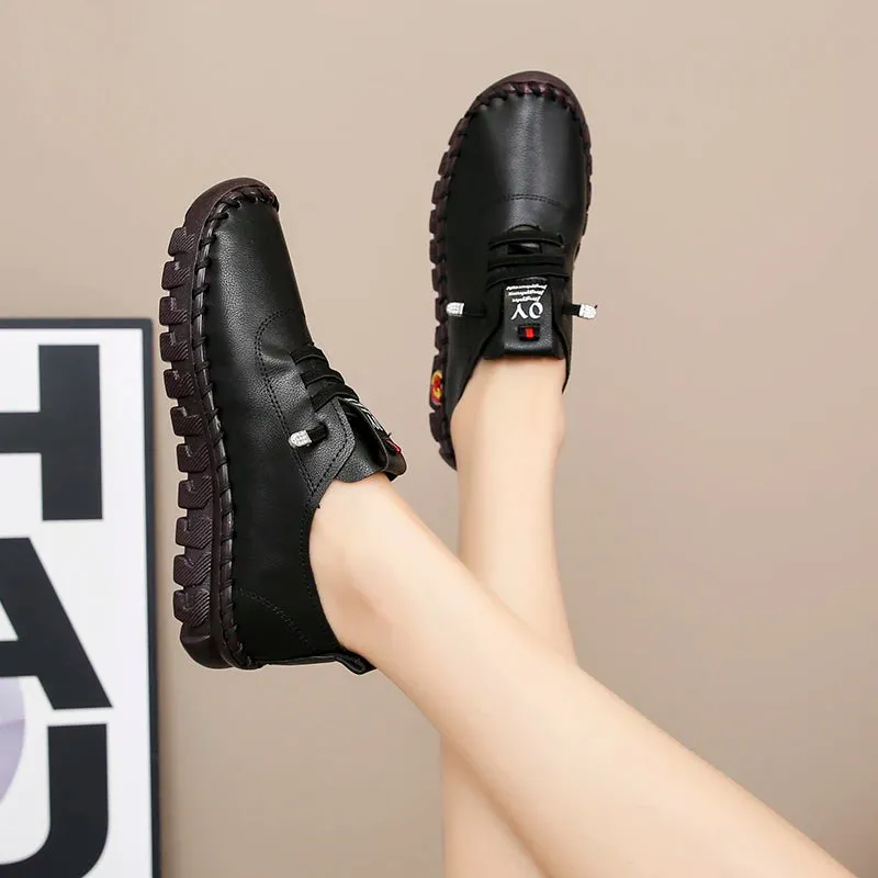 Lace-Up Leather Loafers - Flat Casual Shoes for Women, New Spring Collection, Outdoor Travel and Walking Sneakers