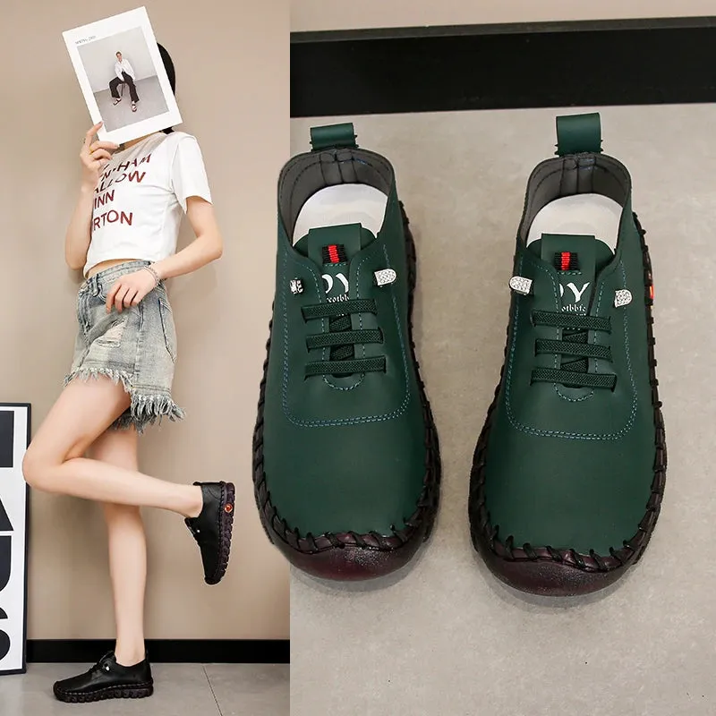 Lace-Up Leather Loafers - Flat Casual Shoes for Women, New Spring Collection, Outdoor Travel and Walking Sneakers