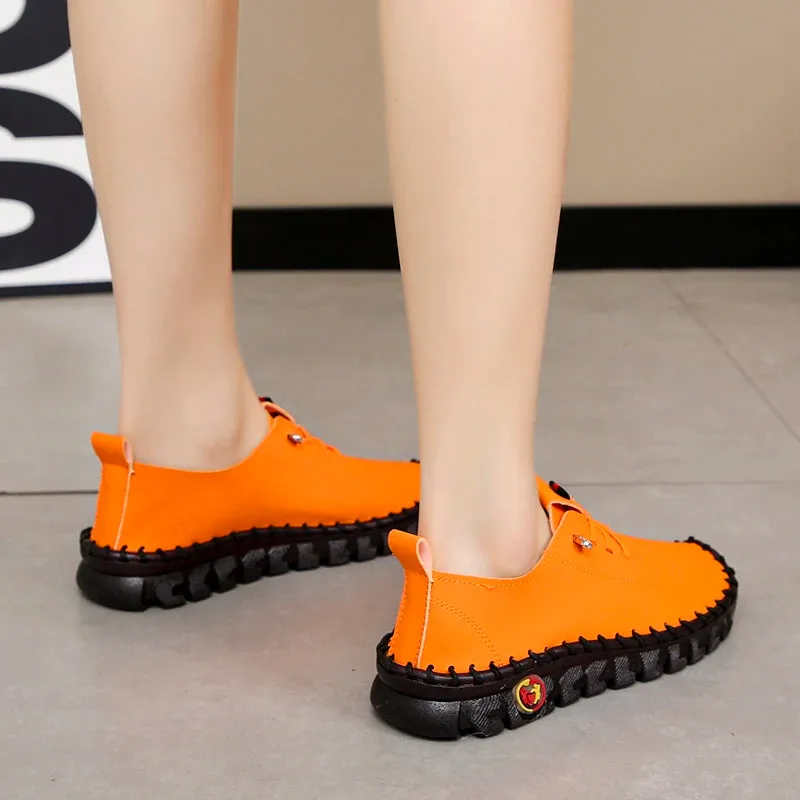 Lace-Up Leather Loafers - Flat Casual Shoes for Women, New Spring Collection, Outdoor Travel and Walking Sneakers