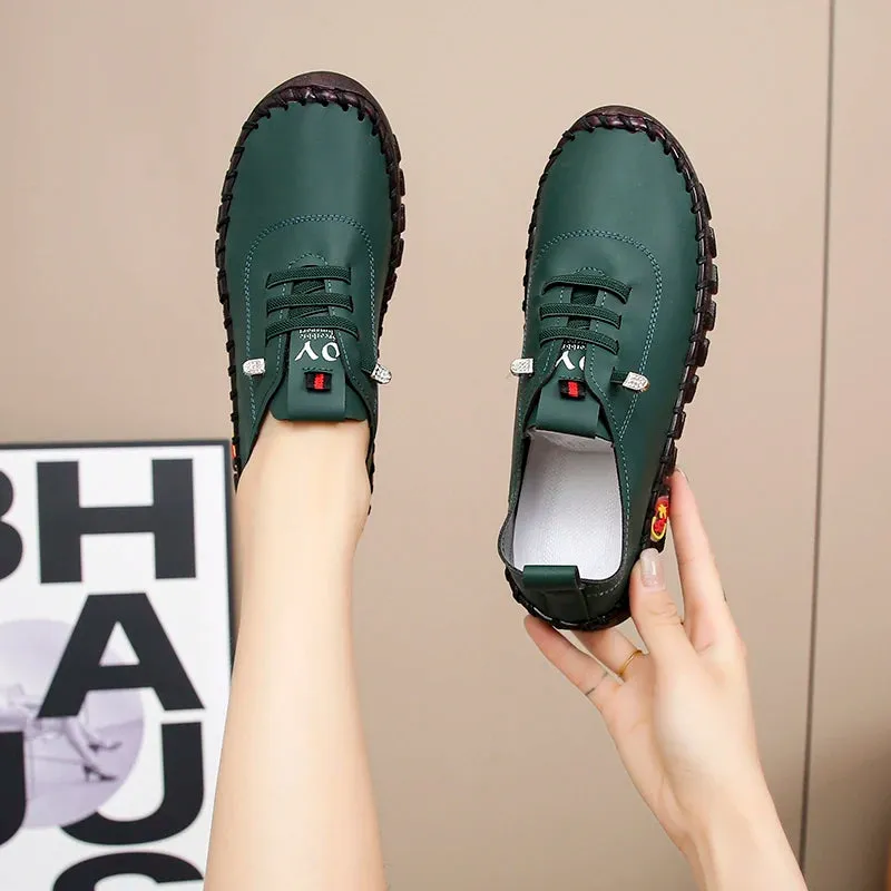 Lace-Up Leather Loafers - Flat Casual Shoes for Women, New Spring Collection, Outdoor Travel and Walking Sneakers