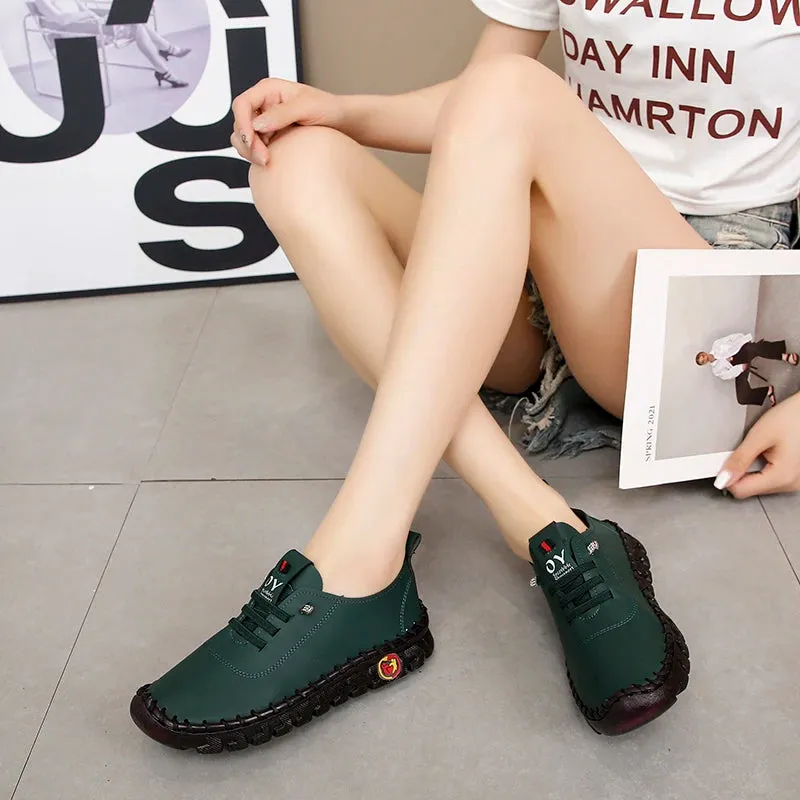 Lace-Up Leather Loafers - Flat Casual Shoes for Women, New Spring Collection, Outdoor Travel and Walking Sneakers