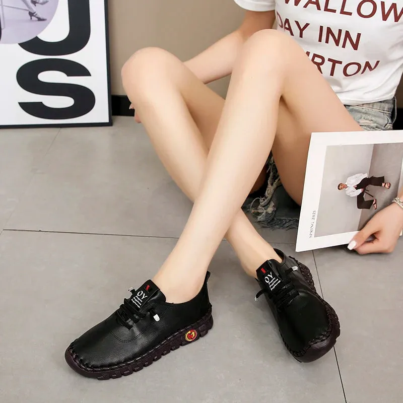 Lace-Up Leather Loafers - Flat Casual Shoes for Women, New Spring Collection, Outdoor Travel and Walking Sneakers