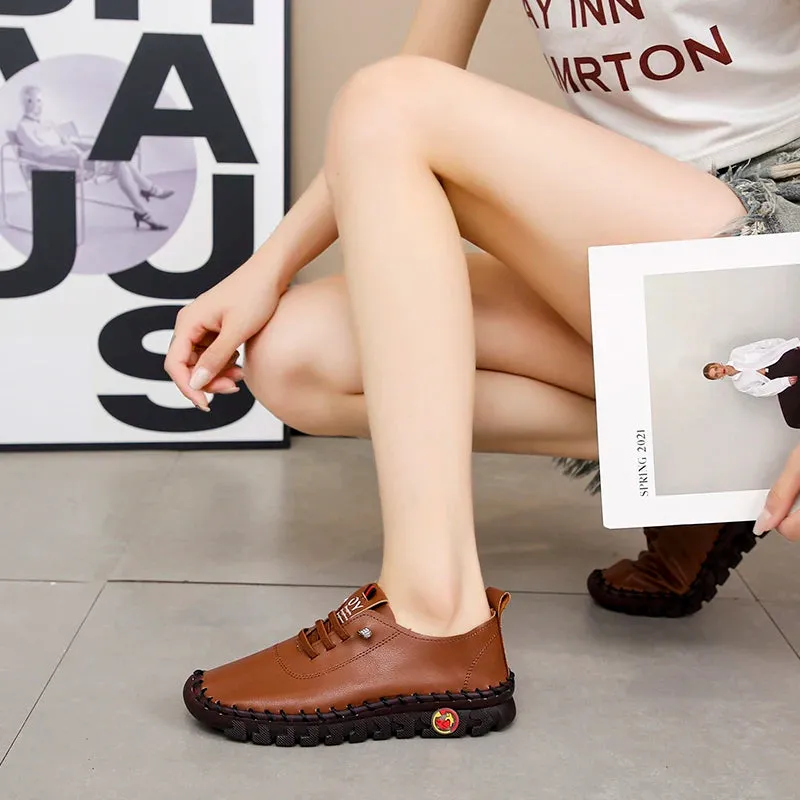 Lace-Up Leather Loafers - Flat Casual Shoes for Women, New Spring Collection, Outdoor Travel and Walking Sneakers