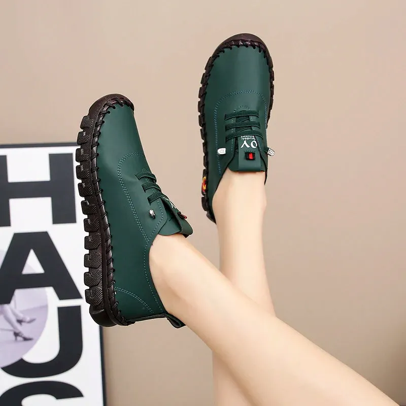 Lace-Up Leather Loafers - Flat Casual Shoes for Women, New Spring Collection, Outdoor Travel and Walking Sneakers