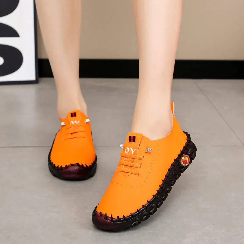 Lace-Up Leather Loafers - Flat Casual Shoes for Women, New Spring Collection, Outdoor Travel and Walking Sneakers