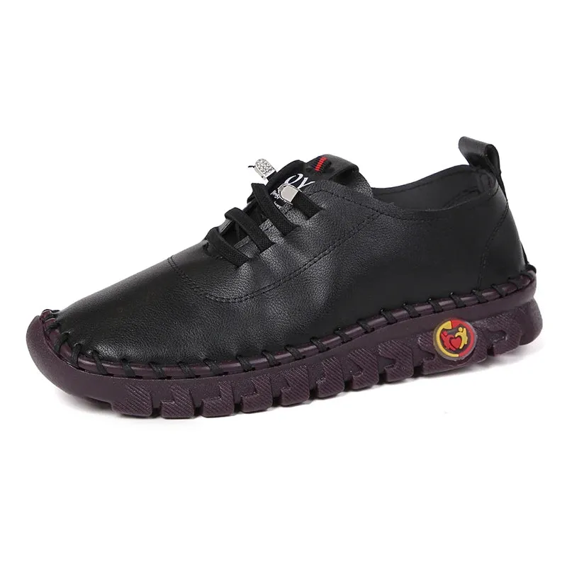 Lace-Up Leather Loafers - Flat Casual Shoes for Women, New Spring Collection, Outdoor Travel and Walking Sneakers