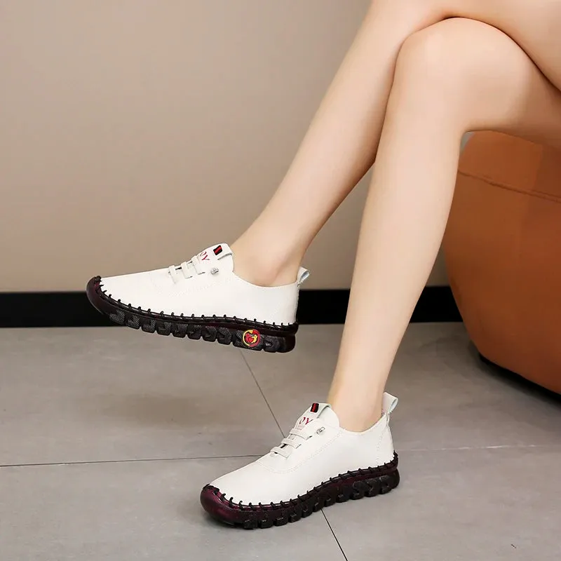Lace-Up Leather Loafers - Flat Casual Shoes for Women, New Spring Collection, Outdoor Travel and Walking Sneakers