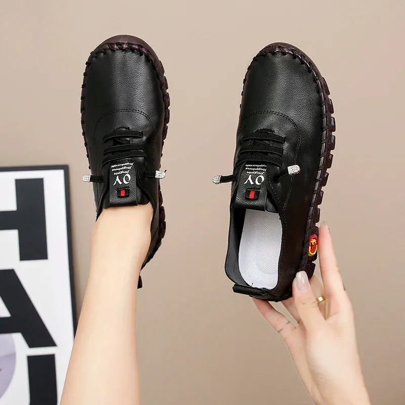 Lace-Up Leather Loafers - Flat Casual Shoes for Women, New Spring Collection, Outdoor Travel and Walking Sneakers