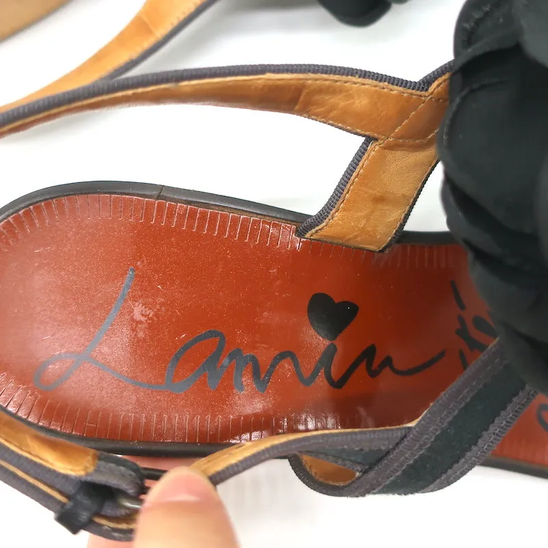 Lanvin Flower Sandals Black Satin Size 40 Low Heel Slingback Thong