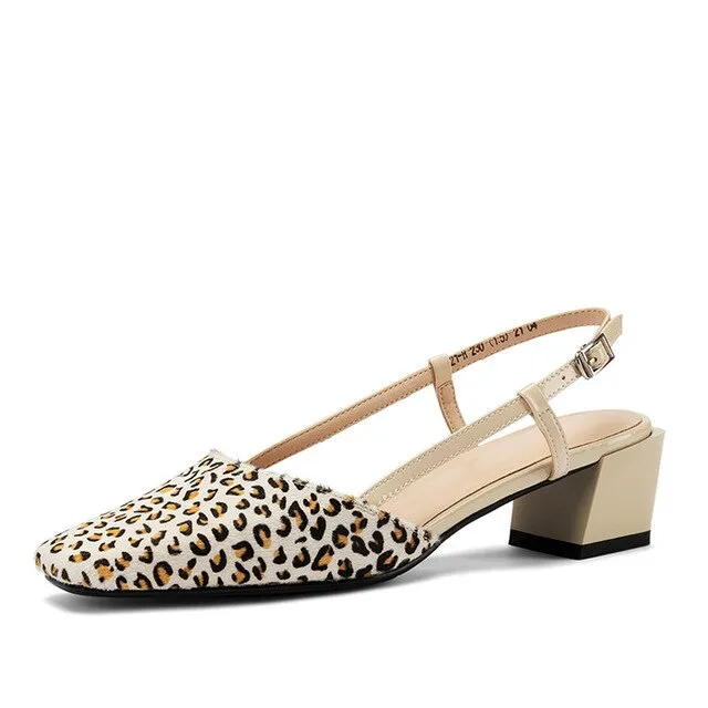 Leopard Horsehair Sandals Women Small Fragrance Summer Slingback Sandals Women Med Chunky Heels Office Shoes Black 2020
