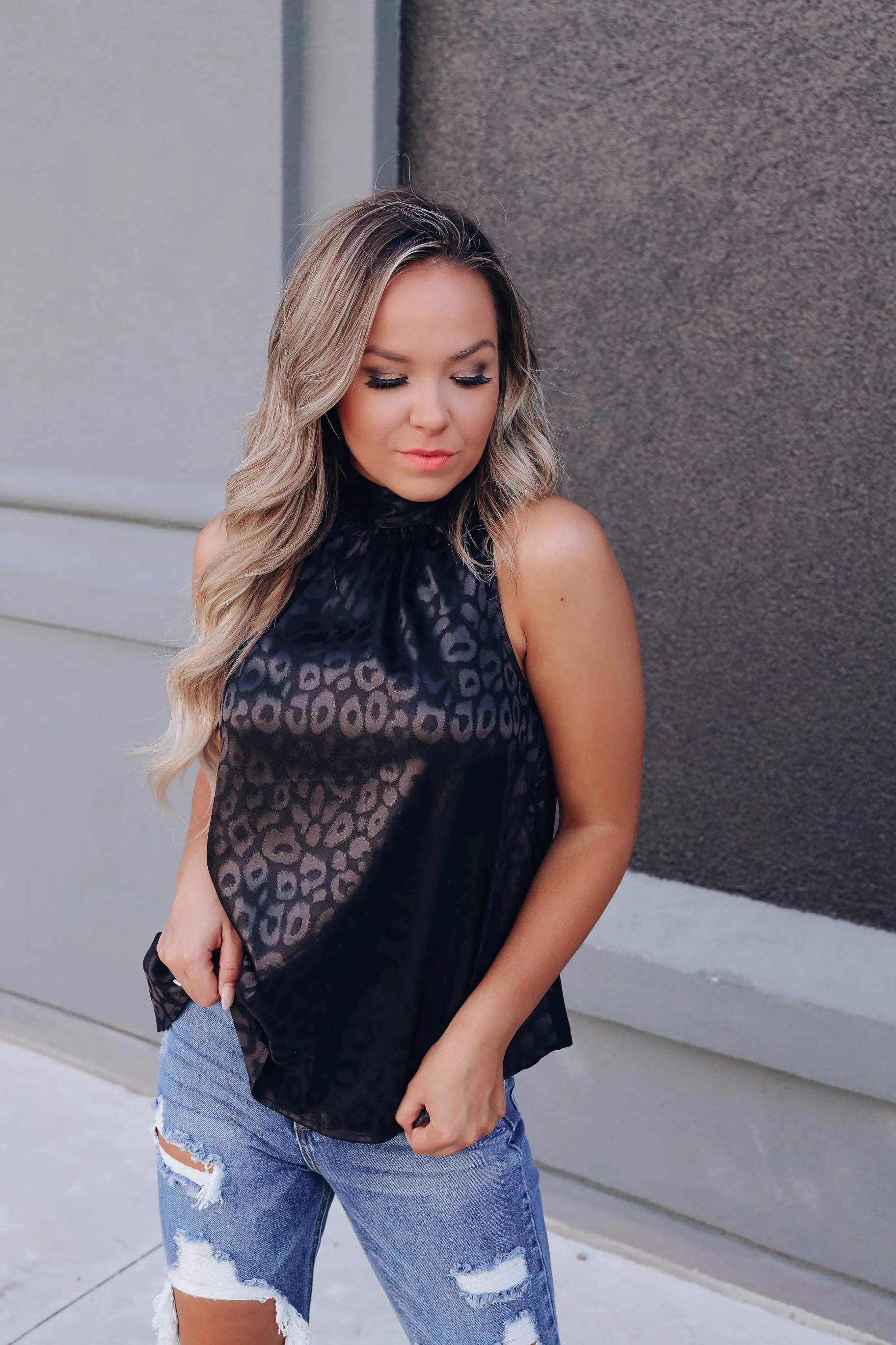 Leopard Satin Blouse - Black