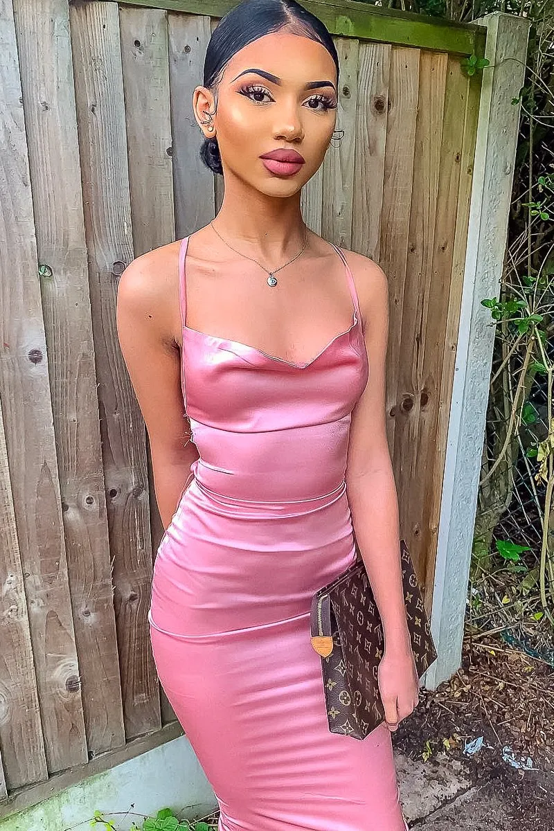 Light Pink Satin Cowl Neck Midi Bodycon Dress - Liliana