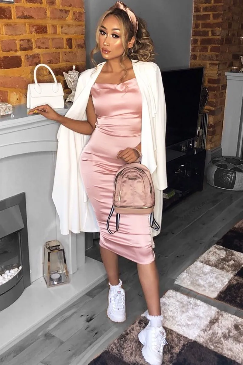 Light Pink Satin Cowl Neck Midi Bodycon Dress - Liliana