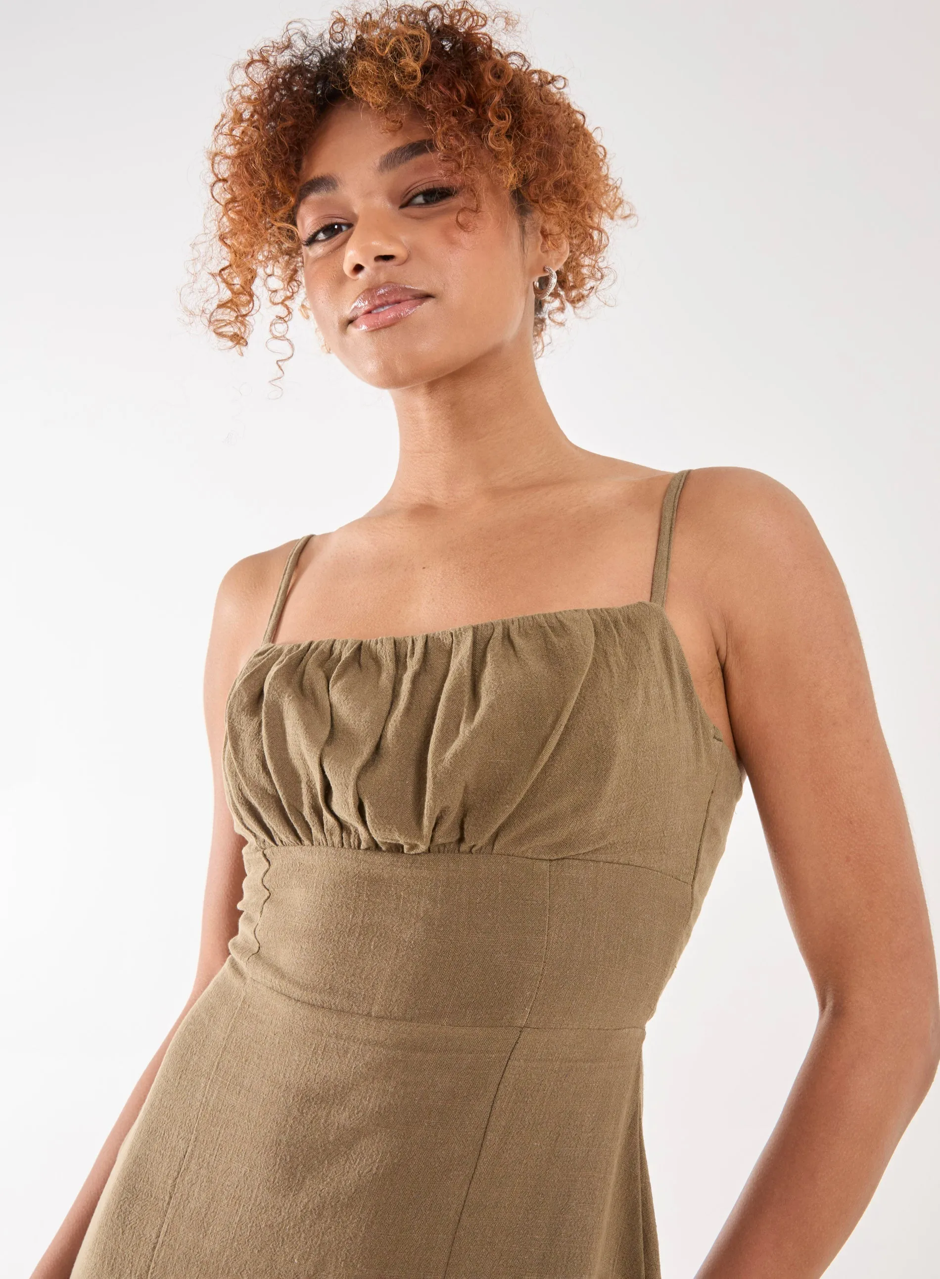 Linen Ruched Strappy Mini Dress