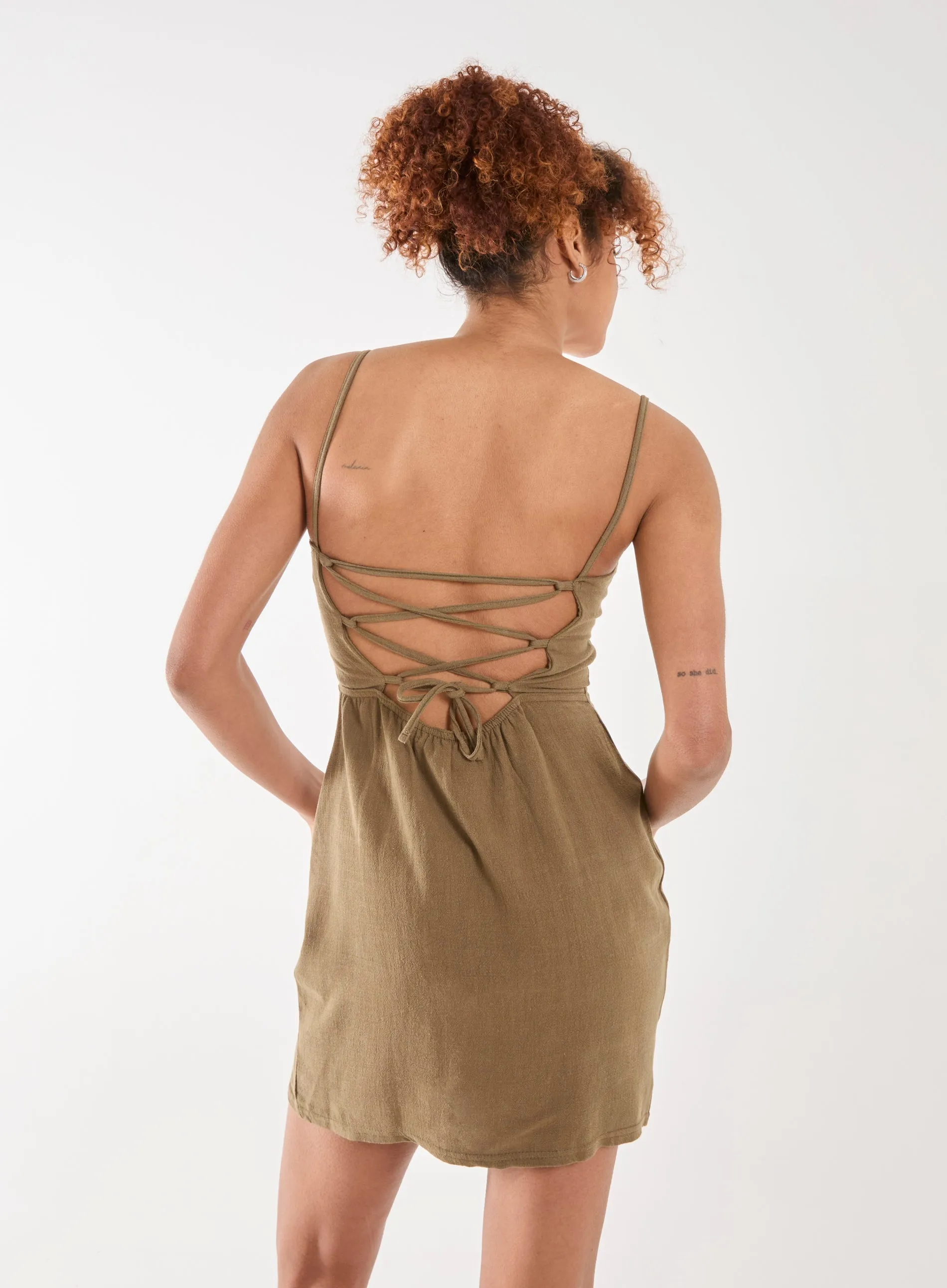 Linen Ruched Strappy Mini Dress