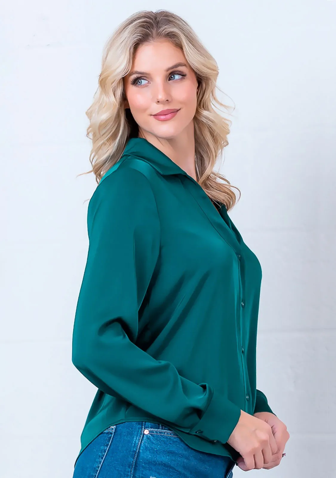 Long Sleeve Fine Satin Button-Up Shirt