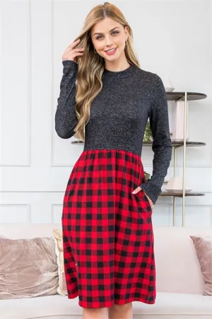 Long Sleeve Plaid Skirt Dress With Pockets
