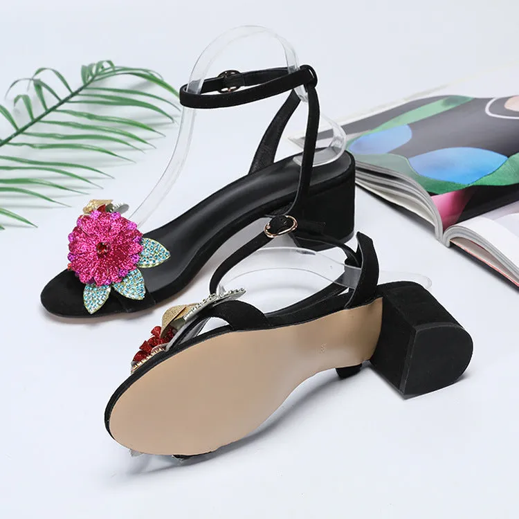 Luxury Women Slingback Peep Toe Floral Sandals Chunky Heels