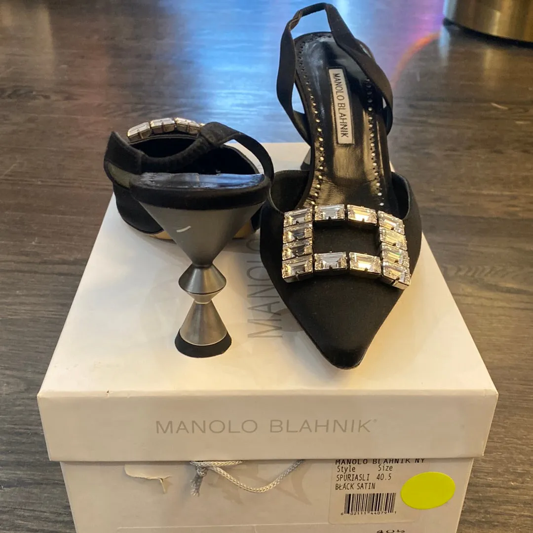 Manolo Blahnik Black Satin Slingback 70 with Silver Crystal Stone