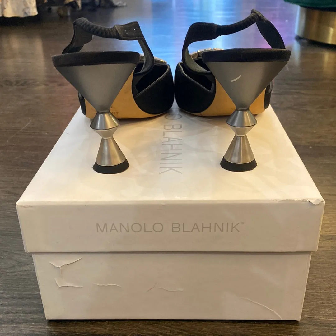 Manolo Blahnik Black Satin Slingback 70 with Silver Crystal Stone