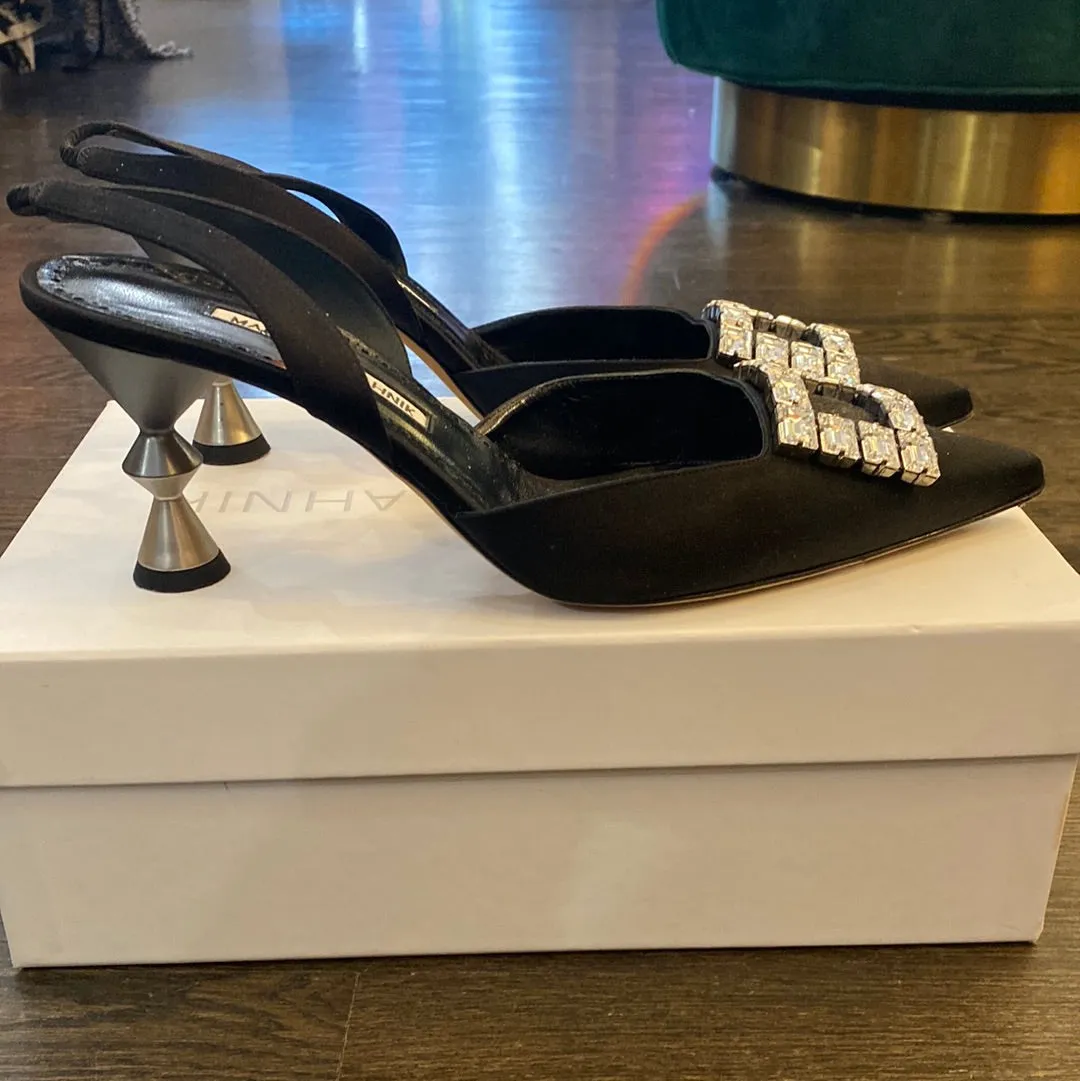 Manolo Blahnik Black Satin Slingback 70 with Silver Crystal Stone