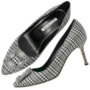 Manolo Blahnik Hangisi Silver Black Jacquard Geometric Print Crystal Heels Pumps Size EU 39