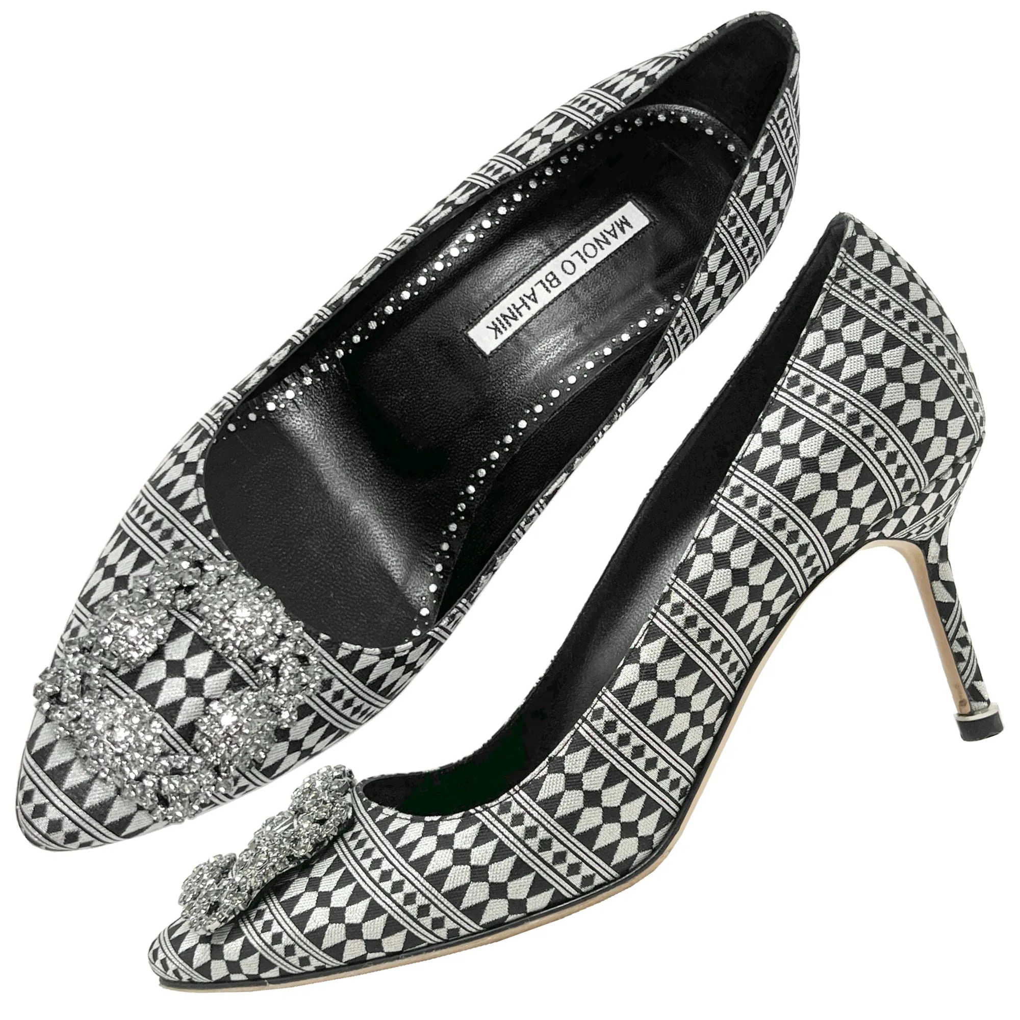 Manolo Blahnik Hangisi Silver Black Jacquard Geometric Print Crystal Heels Pumps Size EU 39