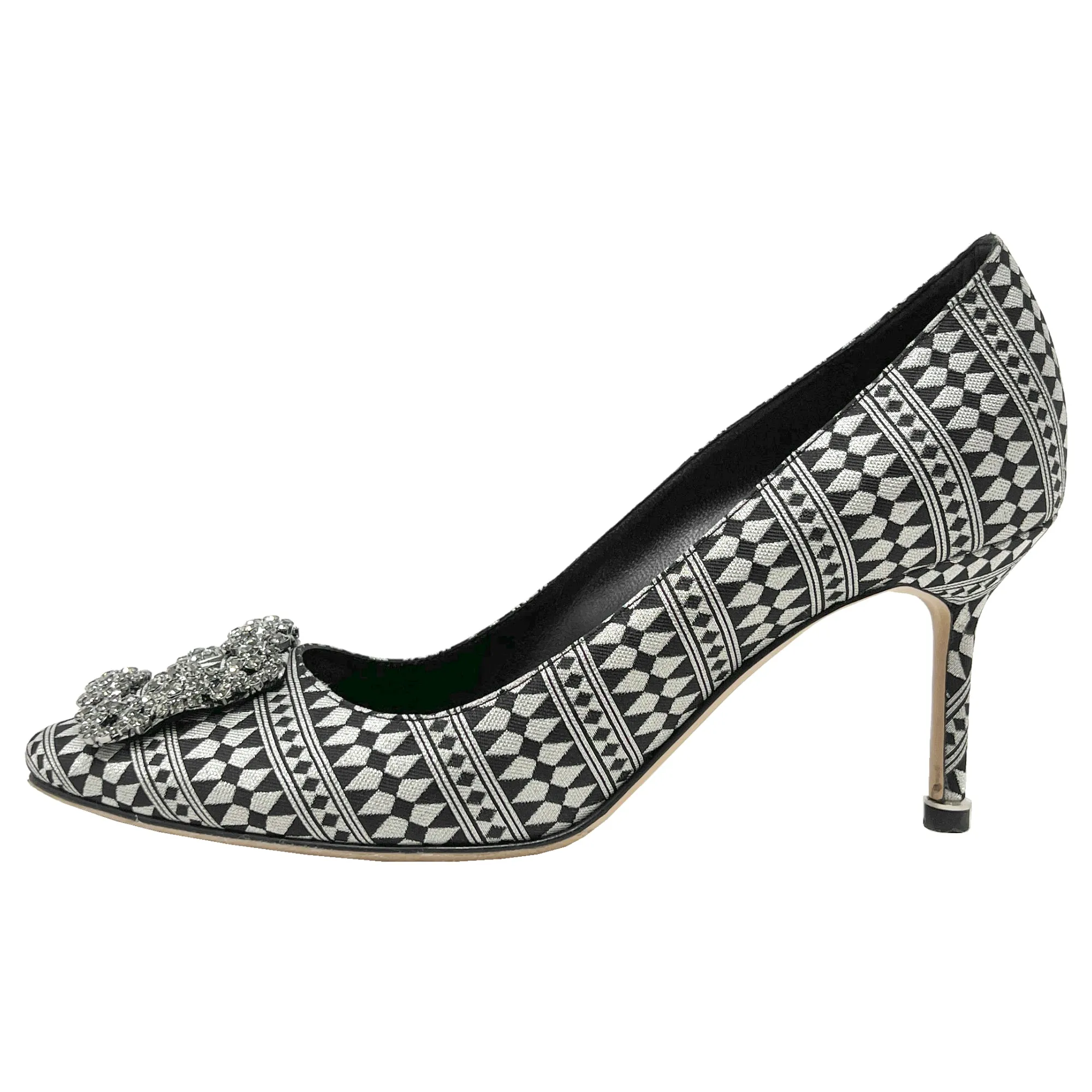 Manolo Blahnik Hangisi Silver Black Jacquard Geometric Print Crystal Heels Pumps Size EU 39