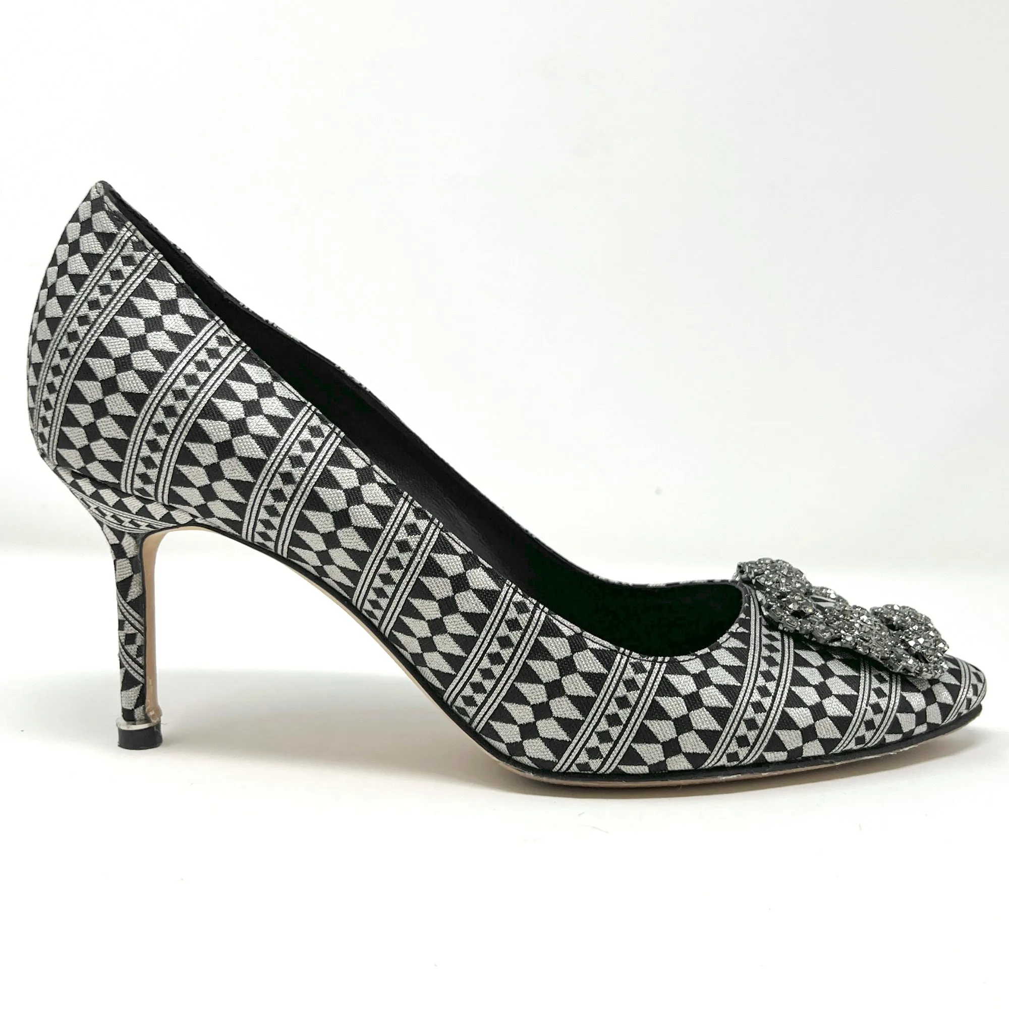 Manolo Blahnik Hangisi Silver Black Jacquard Geometric Print Crystal Heels Pumps Size EU 39