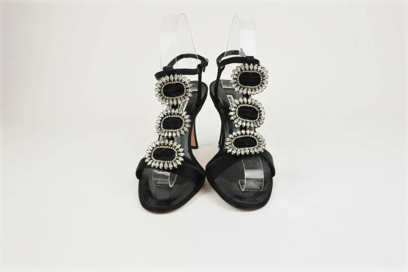 Manolo Blahnik Ochi Crystal Buckle Sandals Black Satin Size 38.5 Slingback Heel