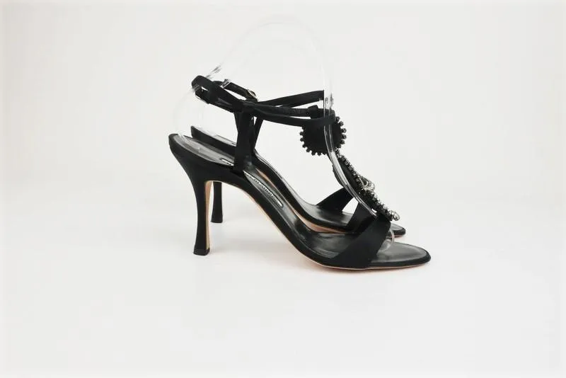Manolo Blahnik Ochi Crystal Buckle Sandals Black Satin Size 38.5 Slingback Heel