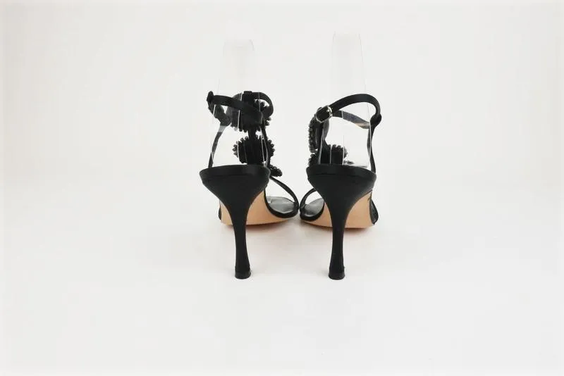 Manolo Blahnik Ochi Crystal Buckle Sandals Black Satin Size 38.5 Slingback Heel