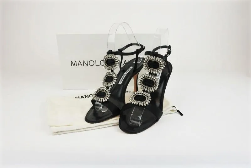 Manolo Blahnik Ochi Crystal Buckle Sandals Black Satin Size 38.5 Slingback Heel