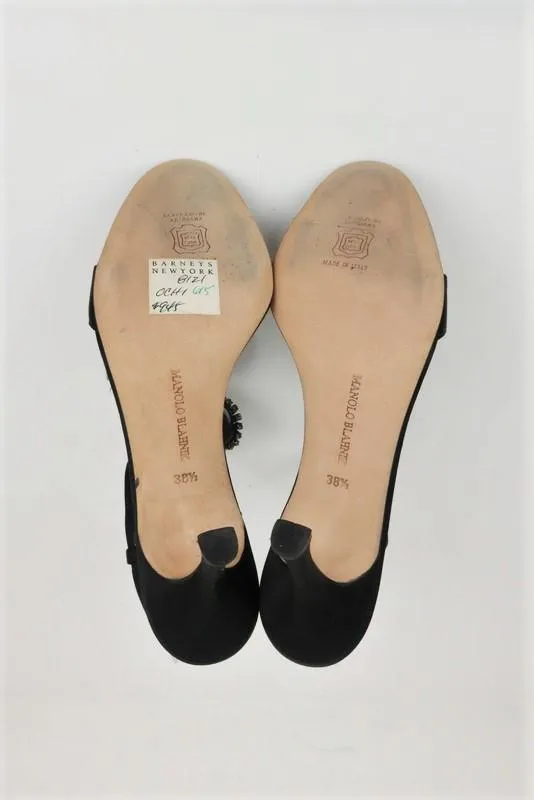 Manolo Blahnik Ochi Crystal Buckle Sandals Black Satin Size 38.5 Slingback Heel